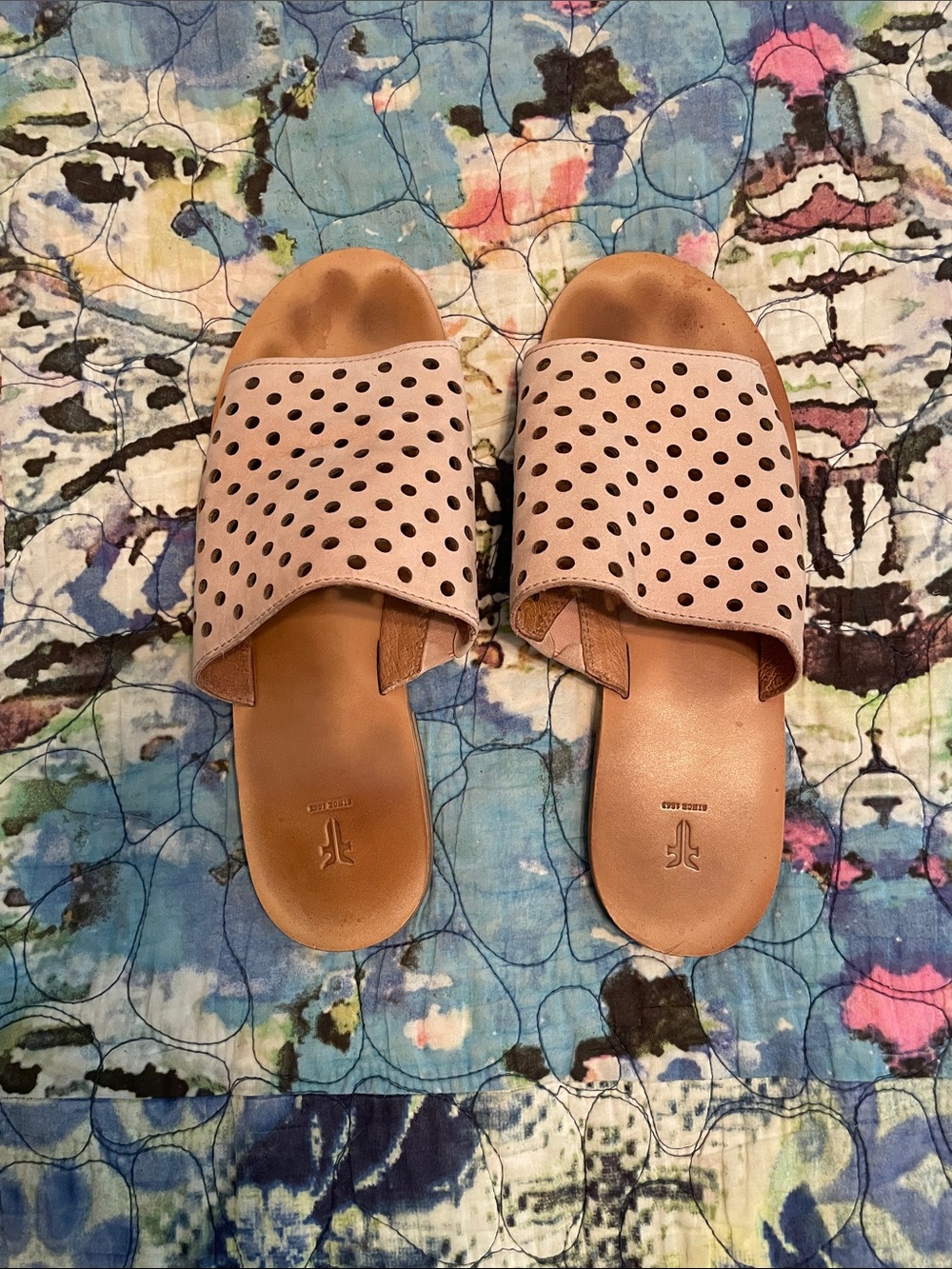 Frye Pink Perforated Slide Mules with Tan Footbed